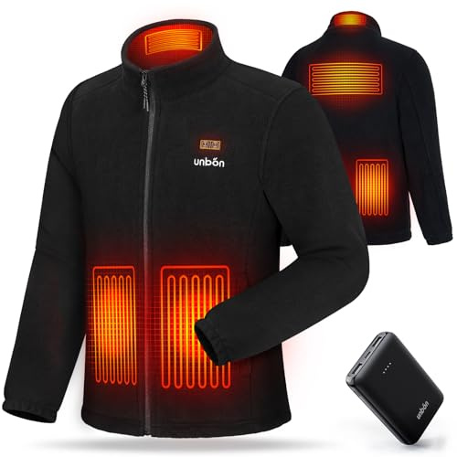 UNBON Chaqueta Calefactable Hombre con Batería USB 10000mAH, Chaqueta con Calefacción Hombre Polar Termica con 3 Temperaturas 6 Zonas de Calor, Abrigo Cazadora Calefactable Para Moto Trabajo Negro M