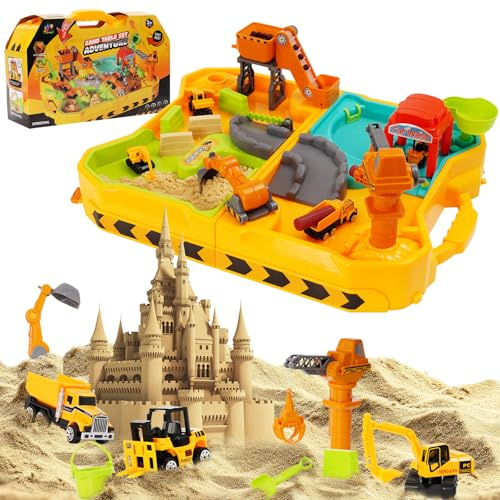 Kids Play Construction Sand Kit,Sand Box Toy Set with Construction Trucks,Beach Building and Water Play,Sensory Learning Activity Gifts for Boys Girls toddler 3 4 5 6 Year Old Indoor Outdoor
