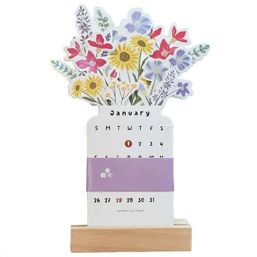 2026 Blumen-Tischkalender 2026, blühende Blumen, Blumenstrauß, kleiner Schreibtischkalender mit Holzsockel, Mini-Ständer, Flip, dekorative Blumenvase, Monatsplaner für Zuhause, Schule, Büro