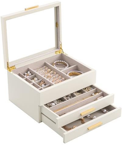 Lolalet Portagioie Donna Grande in Legno a 3 Livelli con Finestra Trasparente - Scatola di Gioielli con Rivestimento in Lino per Collane, Braccialetti, Anelli e Orecchini - Beige