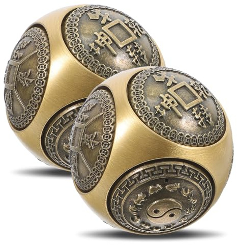 2 Stück Baoding Kugeln aus Messing 36mm mit Sechsseitiger Reliefstruktur | Handgymnastikbälle, Goldfarbenes Paar, für Fingerbewegung und Handtherapie, Edles Design für Zuhause