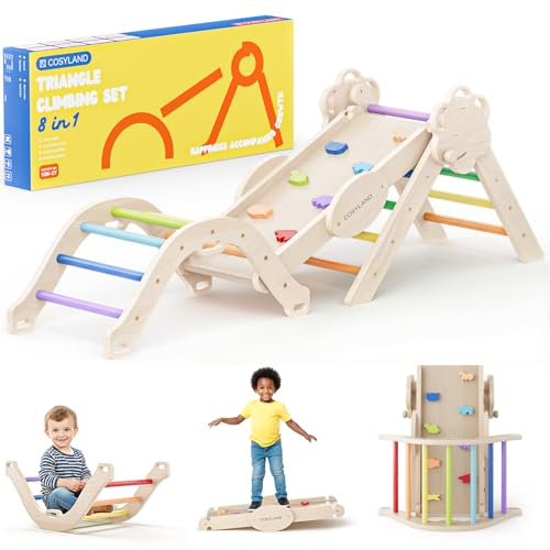 COSYLAND Set di Arrampicata 8 in 1 per Bambini – Triangolo Pikler e Arco Montessori Compatti con Scivolo, Struttura Pieghevole da Interno 18M–3A per Gioco Motorio e Arrampicata（Arcobaleno Classico）