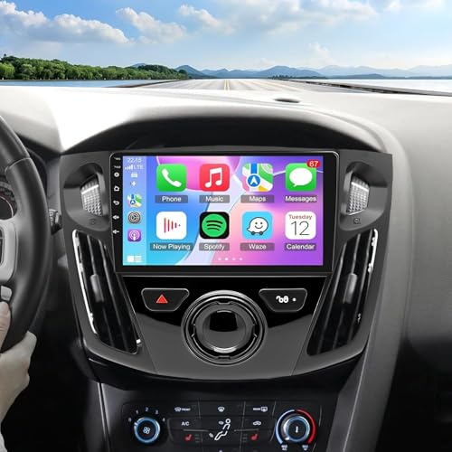 Double Din 9 Car Stereo Compatible for Focus 2012-2018, 4+64G with CarPlay Android Auto GPS Navi Android 15 Car Radio with Bluetooth Mirror Link Split Screen + AHD Backup Camera