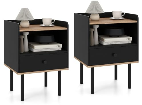 COSTWAY Nachttisch 2er Set, Beistelltisch mit Schublade, offenem Ablagefach und Metallbeinen, Nachtschrank, Nachtkonsole, Nachtkommode für Schlafzimmer, Wohnzimmer, 40,5 x 35 x 56 cm, Schwarz