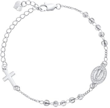 VNOX Bracelet Chapelet Femme Catholique - Bracelet Croix Femme (Argenté, Vierge Marie & Cœur)