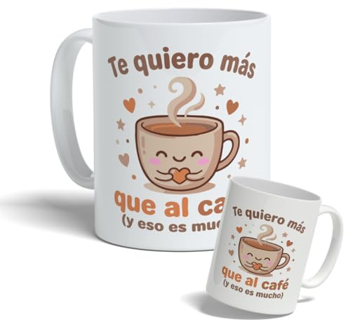 DEREGALOOS Taza Personalizada San Valentín con Mensaje de Amor. Taza de Cerámica con Frases Bonitas para Pareja. Regalo Romántico Original para Él o Ella (Te quiero más que al café)
