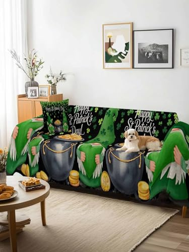 St. Patrick's Day Sofa Cover Blanket Couch Covers for Armchair Cushion,Couch Sofa Silpcover with Tassel,Spring Lucky Shamrocks Green Gnomes Black Living Room Throw Towel Blanket Covers XX-L 71x150