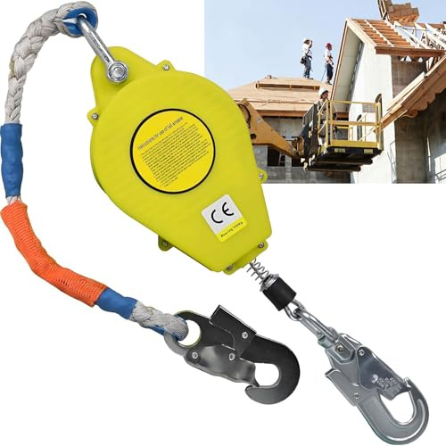 Arnes Linea de Vida Retractil Tejado, Dispositivo Anticaidas Retráctil Seguridad 10m/15m/20m, Linea de Vida Retractil Homologado con Gancho Autoblocante para Trabajo Altura y Tejado (Amarillo, 20m)
