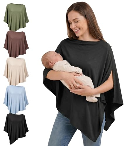 Fiohiros Cape d'Allaitement, Couverture d'Allaitement en Modal Doux pour Maman, Couverture Intime 360° Respirante et Multifonctionnelle, Style Poncho pour Poussette, Siège Auto ou Écharpe (Noir)