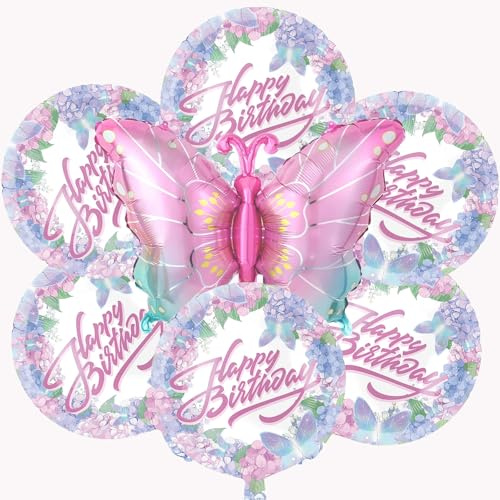 Globos de feliz cumpleaños, mariposa rosa degradado y kit de hortensias florales | 1 globo de Mylar de mariposa gigante, 6 globos de aluminio de hortensia floral, decoración de fiesta de cumpleaños de niña