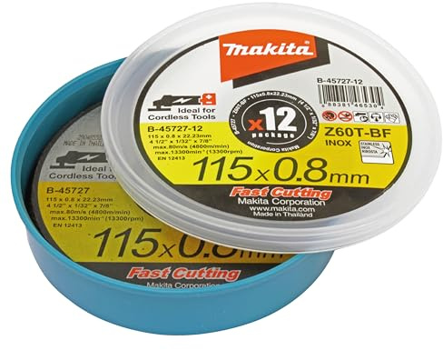 Makita B-45727-12 Trennscheiben INOX 115 x 0,8 mm, 12 Stück in Kunststoffdose, Fast Cutting, extra dünn, für Stahl, Edelstahl, Z60T-BF, EN12413, bestens geeignet für Akku-Winkelschleifer
