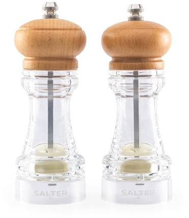Salter 7607 WDXRUP - macina pepe e sale, in legno di faggio, macinino in ceramica diamantata, manuale, meccanismo di rotazione e macinatura, macinatura regolabile da fine a grossolana