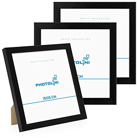 PHOTOLINI Cornici 15x15 cm nero legno MDF, set di 3 cornici per poster, plexiglass infrangibile, da tavolo o da parete, accessori extra inclusi - per foto, immagini e poster