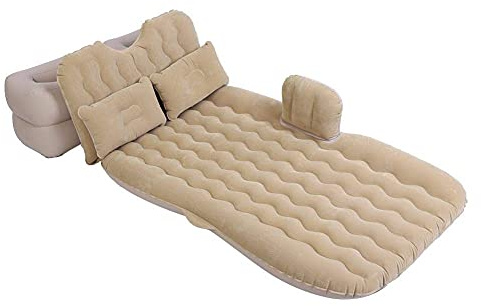 EBTOOLS Inflatable Car Air Mattress, SUV Air Mattress Car Bed Portable Blow Up Mattress 130x80 cm Car Travel Mattress with Air Pump and 2 Inflatable Air Pillows for Camping Travel Car SUV(Beige)