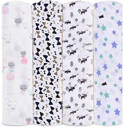 Levoberg Wickeltuch Baby 4er Set, weich und gemütlich, 120 x 120 cm groß, Zwei Schichten Musselin-Baumwolle für Junge und Mädchen, Spucktücher, Baby Decke, Mulltücher, Stoffwindeln, Molton-Tücher