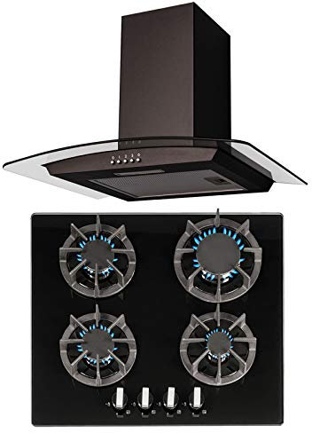 SIA R7 60cm 4 Burner Black Gas On Glass Hob & Curved Glass Cooker Hood Extractor