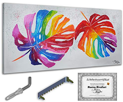 Monica Mirafiori I 100% HANDGEMALT I Gemälde Bunte Monstera 140x70cm | Gemälde Handgemalt | Acrylgemälde | Sehr Großes Acrylbild I Moderne Kunst I Kunstbilder