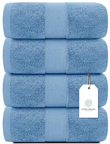 White Classic Luxury Bath Towels Large - Cotton Hotel spa Bathroom Towel |30x56 | 4 Pack | Light Blue