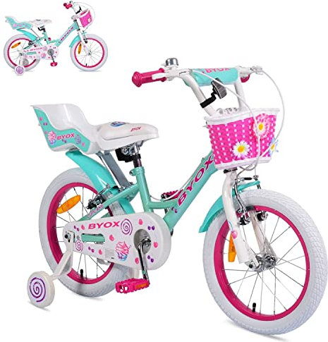 Byox Kinderfahrrad 16 Zoll Cupcake, Stützrädern, Puppensitz, Korb, Metallrahmen pink