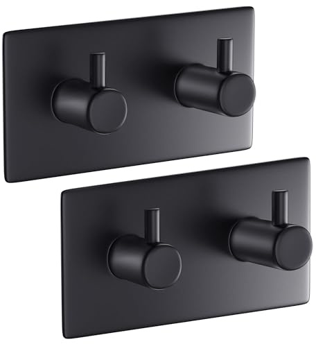 Aikzik Handdukshållare utan borrning, 2-pack, handdukshållare i rostfritt stål för badrum, extra starka självhäftande krokar, självhäftande krokar för badrum och kök, svart