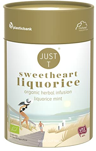 JUST T Sweetheart Liquorice Loser Tee, 80g | Bio Kräutertee – Angereichert mit Süßholz und Minze | Bio Loser Tee – Biologisch Hochland-Tee im Nachhaltigen Vorratsdose für alle Teeliebhaber