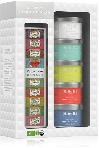 Kusmi Tea - Coffret 5 Miniatures Sélection Alain Ducasse + Pince à thé - Idée cadeau fête des mères - Thé blanc, Perles de jade, Hojicha, Long Jing - 5 boîtes de 25g