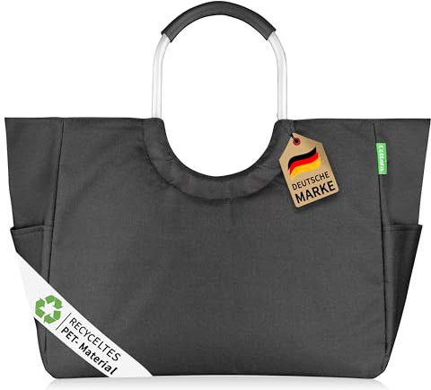 COTTARA® faltbare Einkaufstasche groß aus recycelten Material mit praktischen Fächern | nachhaltiger Einkaufskorb mit verstärktem Boden und wasserabweisend | Idealer Shopper, Tragetasche schwarz