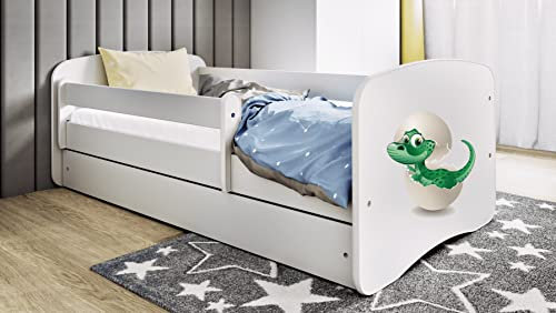 Bjird Kinderbett Jugendbett 70x140 80x160 80x180 Weiß mit Rausfallschutz Matratze Schublade und Lattenrost Kinderbetten für Mädchen und Junge - Kleiner Dino 160 cm
