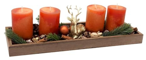 ZauberDeko Adventsgesteck Weihnachten Deko Tablett Holz Hirsch Gold Kerze Orange Tischdeko 40cm