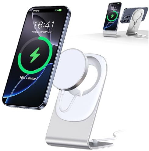 Chargeur Mag Safe BHHB Chargeur sans Fil Chargeur mag-Safe avec Support pour iPhone 16/15/14/13/12/Xs/X/Xr/8 Série et Air Pods 4/3/2/Pro (Argenté)