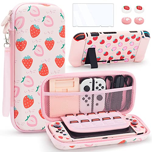 Switch Tasche Case Hülle für Nintendo Switch Reisezubehör Tragetasche Kit mit Spieltasche und 2 Daumengriffkappen (Rosa)