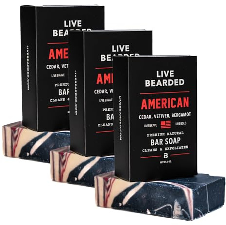 Live Bearded All-Natural Bar Soap for Men, 3-Pack of 5 oz - Made in the USA - Exfoliates and Moisturizes - Charcoal, Pumice, Shea Butter | American Scent - Cedar, Vetiver, Bergamot