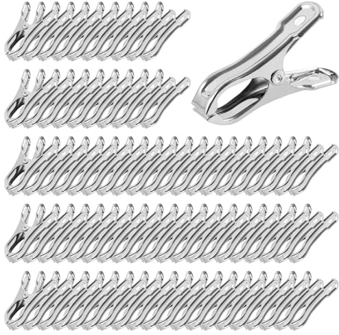 100Pcs Stainless Steel Garden Cilps - Large Open Metal Clamps for Greenhouse Hoops, 2 Fix Plant Cover Shade Cloth Netting Tarp, Tight Grip Weatherproof Gardening Supplies