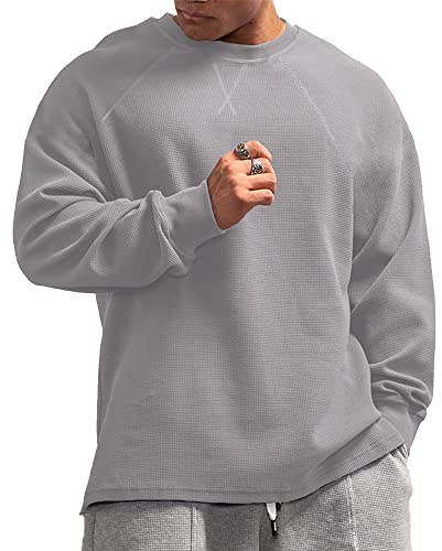 Muscle Alive Herren Basic Langarmshirts Waffel Sweatshirt Lockere Trainieren Zur Seite Fahren Rundhalsausschnitt Shirt Grau XL