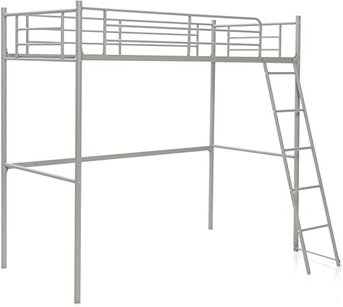 Multigot Loft Bunk Bed, Metal Ladder Bed Frame with Safety Guardrail, Single Space-Saving High Sleeper Beds for Kids Teens Adults (Sliver)