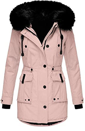 Winterjacke Damen Lang Winter Jacke Mantel Parka mit Fellkapuze Fleece Gefüttert Verdicken Warme Plüsch Futter Wintermantel Winterparka Fleecejacke Baumwolljacke Kapuzenjacke Daunenjacke