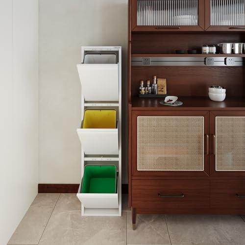VEEHAUS Küchen Mülltrennsystem, Metall Müllschrank, 3 Klappfächer 3 x 15 L | Freistehend & vormontiert, 3 einzeln öffenbare Klappen, Magnetische Außenfläche, Herausnehmbare Eimer, 45L, Weiß