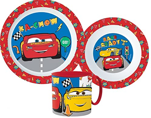 Cars Cartoon Character Dinner Tableware Set 3pcs Plate, Bowl & Mug, BPA Free re-usable Plastic Microwave Safe (Cars)
