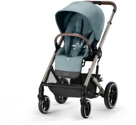 Cybex Balios S Lux Toddler and Baby Stroller with Reversible Seat, Unique One-Pull Harness, and Multiple Recline - Travel System Ready, with One Hand Fold, Taupe Frame/Sky Blue Seat