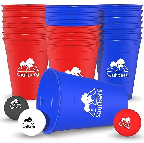 saufberg Beerpong Set - 22 Mehrweg Hartplastik Bierpong Becher | Festival | Geburtstag | Spülmaschinenfest | Red Cups extrem stabil | inkl. Bälle und Cupsocke | Rot/Blau