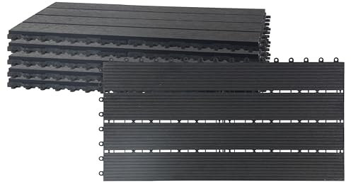 Set of 6 BLACK WPC Composite Decking Tiles Interlocking with Wood Effect 60cm x 30cm Outdoor Garden Patio Deck Slab Panels Rectangle Flooring Boards Cover Heavy Duty Plastic