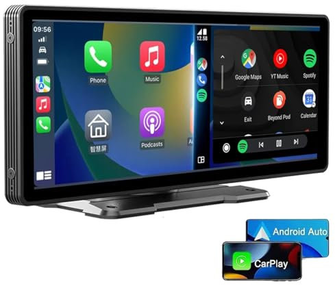 Monitor portatile per wireless Apple CarPlay e Android Auto Altoparlante integrato, Bluetooth portatile Auto Stereo con touch screen da 9,3 pollici, Mirror Link/AirPlay/Siri/Trasmettitore FM