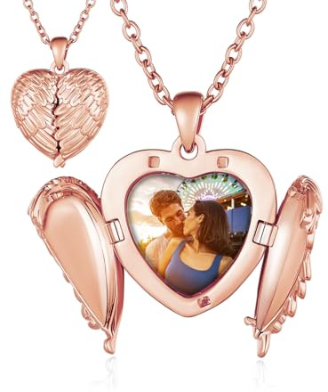 Custom4U Collier Personnalisé Photo Acier Inoxydable,Médaillon Aile d'ange Pendentif Porte Photo Gravé avec Chaîne 50+5 cm(Boîte Cadeau)