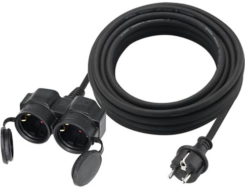 XUANSHI Verlängerungskabel Outdoor 15m mit 2 Schuko-Steckdosen, Gummi Doppel-Verlängerung Stromkabel für den Außenbereich IP44, 2 Schutzkontakt Buchsen mit Schutzkappe, 2-Fach Verteiler außen 3500W
