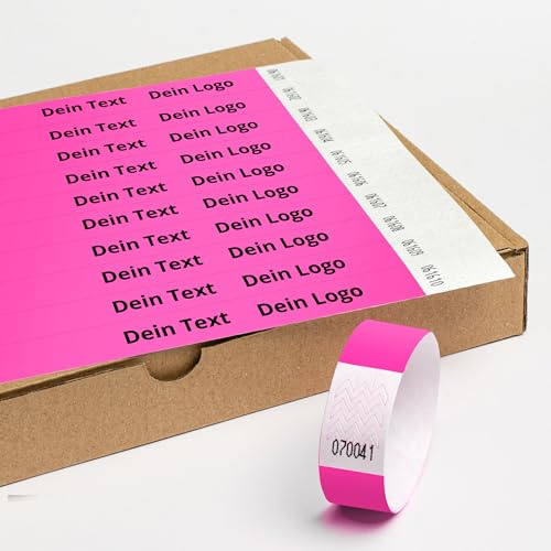 Personalisierbar Einlassbänder aus Tyvek 500 Stück - 19x255 mm Rosa | Mit Aufdruck oder Logo, Events, starke Klebstoffbindung, Antiallergen - Selbstklebend und Wasserdicht Festival Armbänder