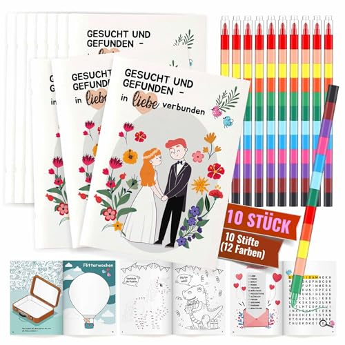 Tom Hugh Hochzeitsmalbuch Kinder 10er Set inkl. 12 Buntstifte – Malbuch & Aktivitätsbuch zur Hochzeit, Kinderbeschäftigung für kleine Gäste, Gastgeschenk Hochzeit