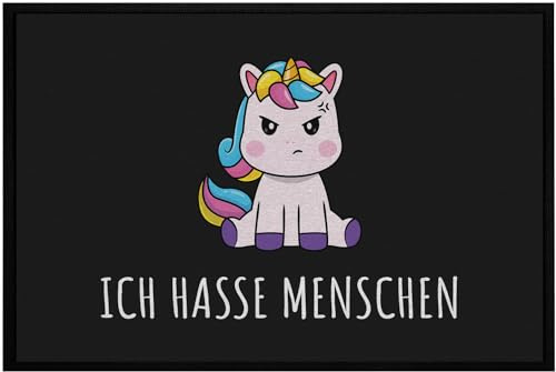 OM3® lustige Fußmatte mit Spruch - Einhorn - Ich Hasse Menschen - Fantasy Unicorn - rutschfest & waschbar - 60x40cm -