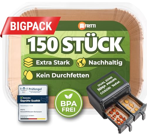 FRITTI bakplåtspapper för varmluftsfritös – 150 st BPA-fria, 22 x 14 cm, kompatibel med Ninja AF300EU & AF400EU Dual Zone, värmetåligt, miljövänligt och perfekt för hälsosam matlagning utan olja