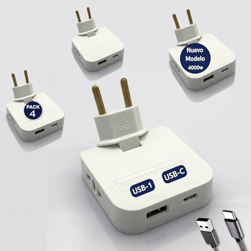 Pack 4 Flache mit USB C 4000 W - Höhere Leistung - 4 Steckdosen - 2 USB-Ladeanschlüsse Typ 1 und Typ C und 2 Steckdosen - Flacher Dieb für die Wand - ExtraFlach - Weiß | 3-Stars
