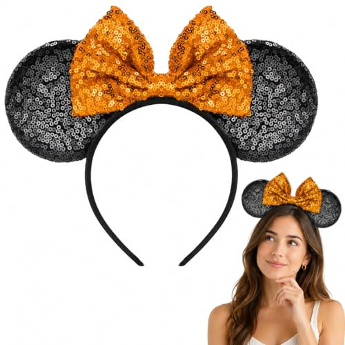 CHEERYMAGIC Mouse Ears Bow Headbands Pumpkin Orange Minnie Ears Sparkle Sequin Glitter Party Decoration Halloween Cosplay Costume for Women Girls A9MQFG